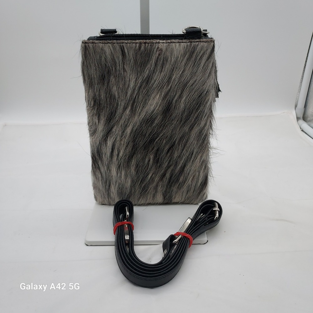 Cowhide Hair on Hide Crossbody Bag Salt and Pepper Grey Black Tassel Phone Purse